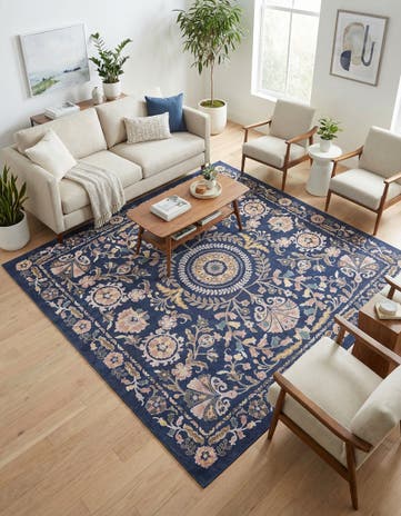 Navy Blue Blossom Square Rug