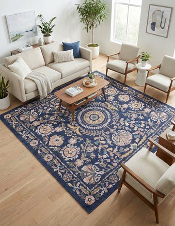 Navy Blue Blossom Square Rug
