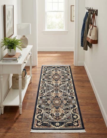 Navy Blue Nain Design Runner Rug