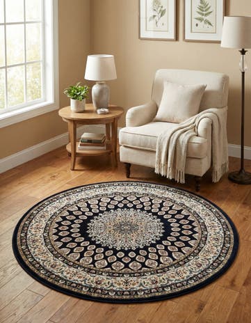 Navy Blue Nain Design Round Rug