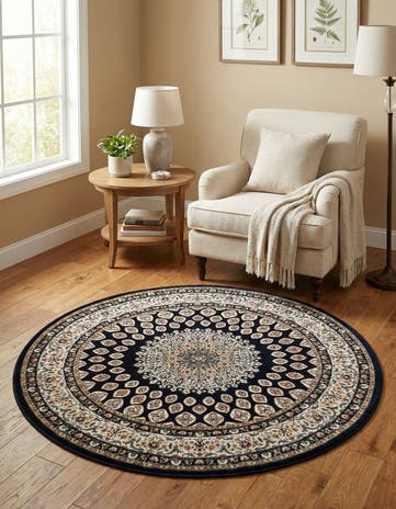 Navy Blue Nain Design Round Rug