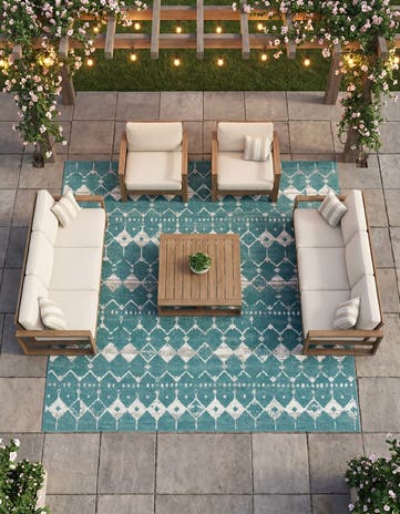 Teal Easy-Clean Lattice Indoor / Outdoor Square Rug