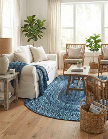 Blue Handmade Braided Chindi Oval Rug