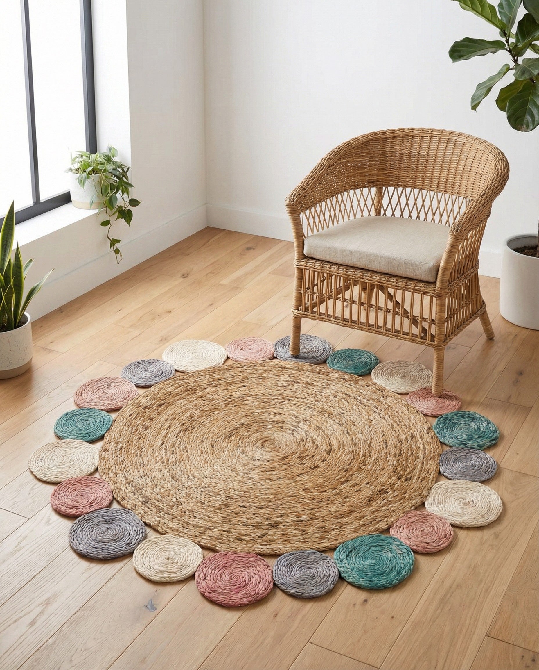 A round, multi-colored jute rug with a natural braided center and a border of smaller round accents in pink, teal, and cream.