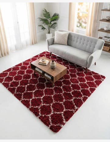 Burgundy Red Trellis Shag Square Rug