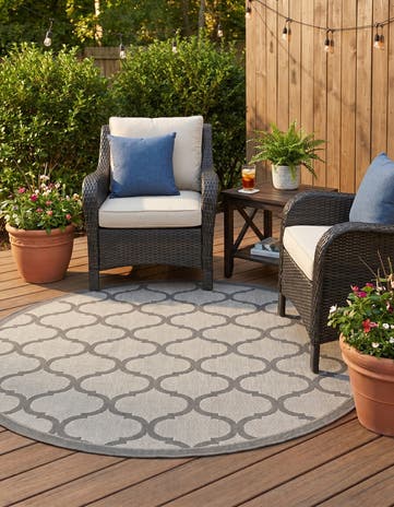 Gray Easy-Clean Lattice Indoor / Outdoor Round Rug