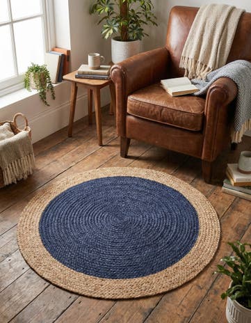 Navy Blue Handmade Braided Jute Round Rug
