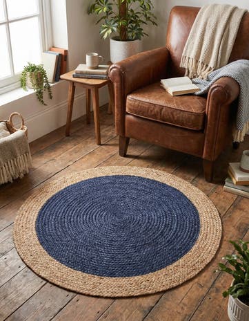 Navy Blue Handmade Braided Jute Round Rug