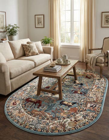 Blue Nain Design Oval Rug