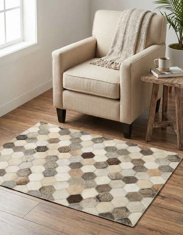 Ivory Gray Cowhide Leather Rug