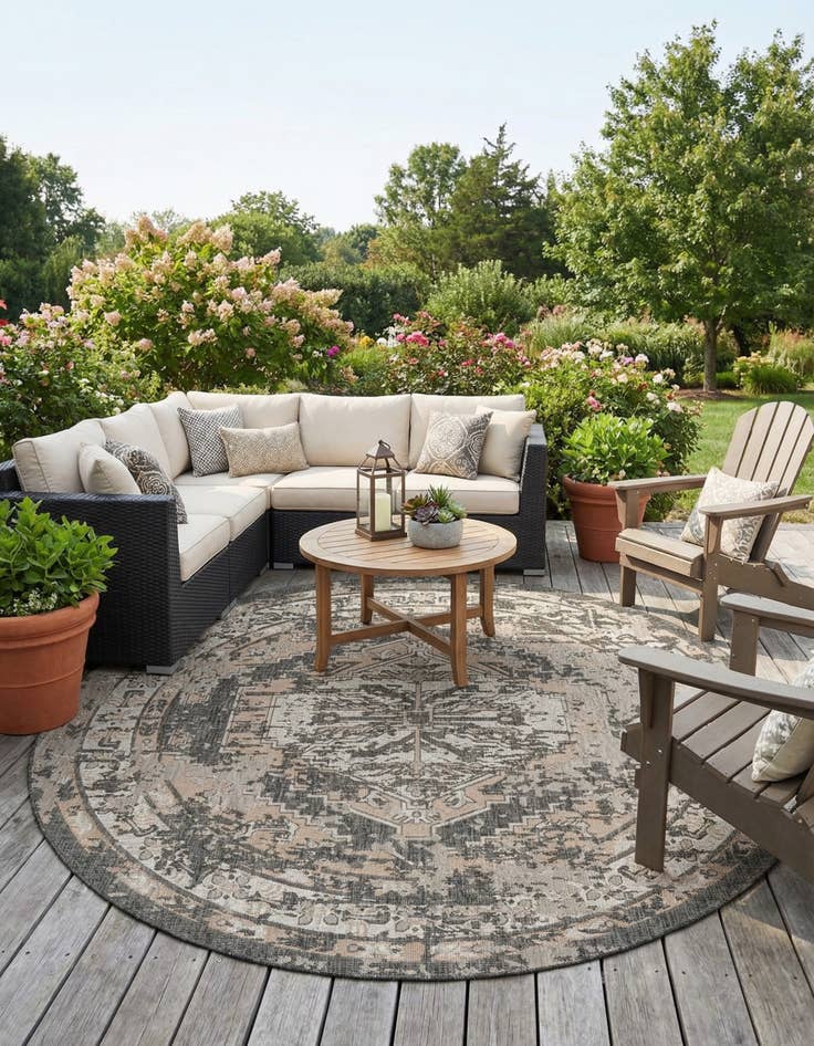 Detail image of 10' x 10' Easy-Clean Traditional Indoor / Outdoor Round Rug