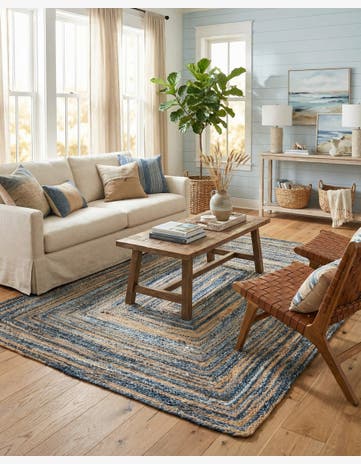 Blue and Natural Handmade Braided Chindi Rug