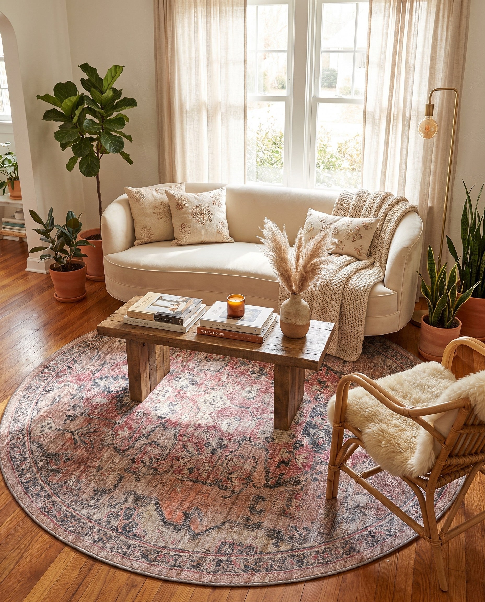 Beige pink Washable Nostalgia Round Rug