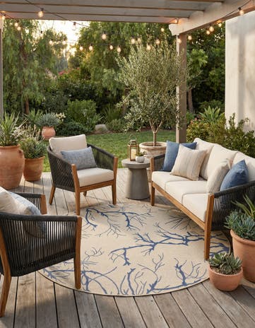 Beige and Blue Easy-Clean Botanical Indoor / Outdoor Round Rug