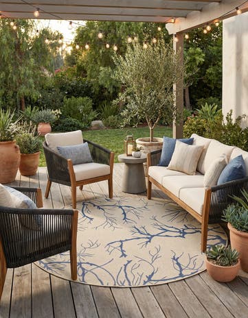 Beige and Blue Easy-Clean Botanical Indoor / Outdoor Round Rug