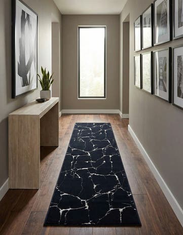 Navy Blue and Silver Vogue Geo Runner Rug