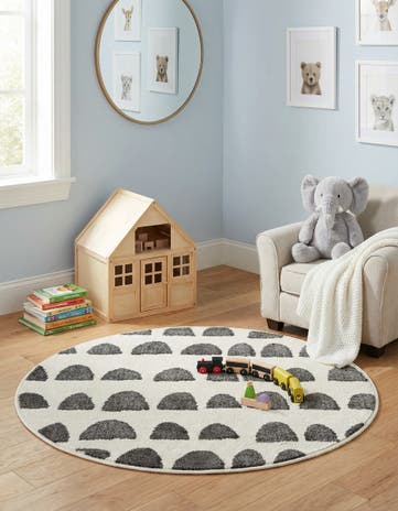 Ivory and Gray Whimsy Kids Round Rug