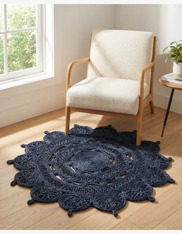 Navy Blue Handmade Braided Jute Round Rug