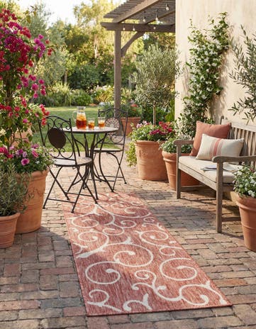 Rust Red Easy-Clean Botanical Indoor / Outdoor Runner Rug