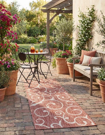 Rust Red Easy-Clean Botanical Indoor / Outdoor Runner Rug