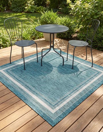 Teal Easy-Clean Border Indoor / Outdoor Square Rug