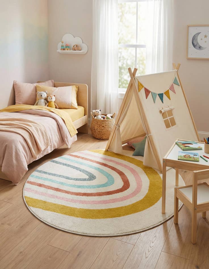Detail image of 4' 1 x 4' 1 Rainbow Whimsy Kids Round Rug