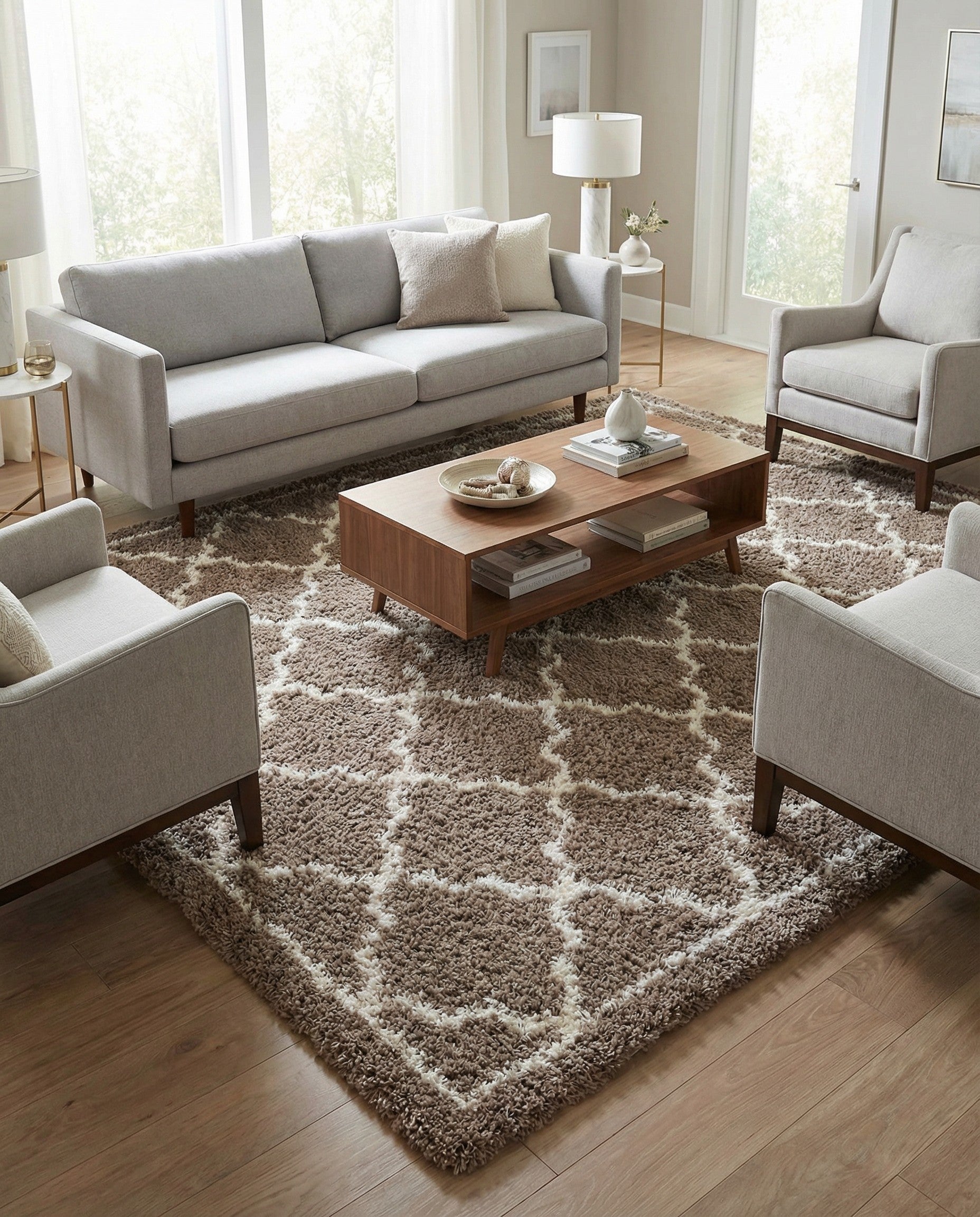 A brown and ivory square shag rug with a modern trellis pattern, shown from above.