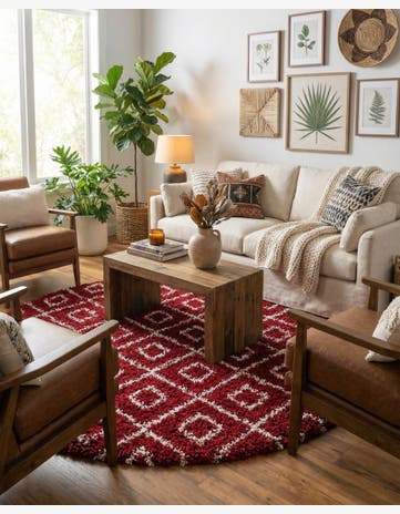 Burgundy Red Lattice Shag Round Rug