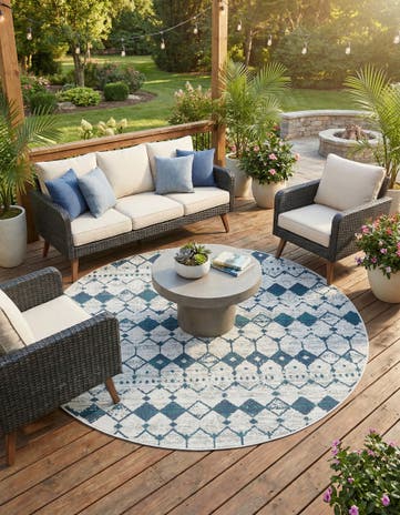 Ivory and Blue Easy-Clean Lattice Indoor / Outdoor Round Rug