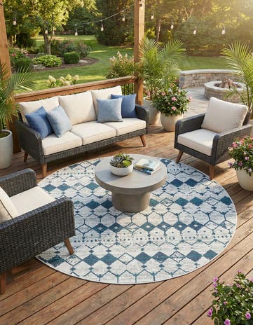 Ivory and Blue Easy-Clean Lattice Indoor / Outdoor Round Rug