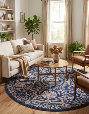 Navy Blue Blossom Round Rug