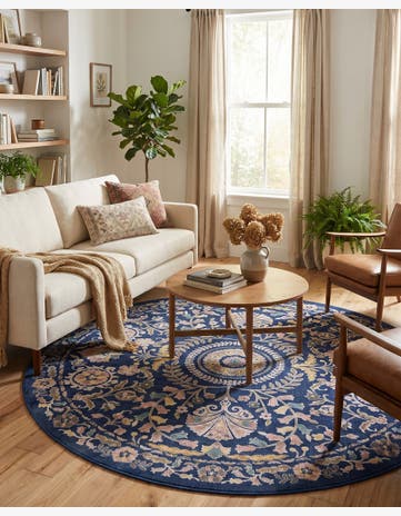 Navy Blue Blossom Round Rug