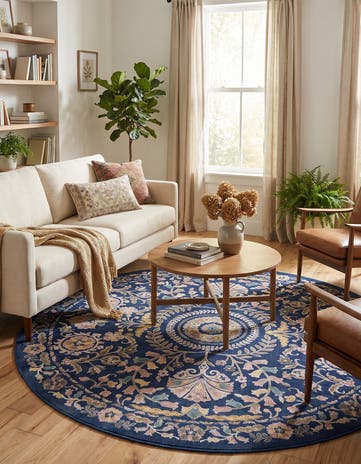 Navy Blue Blossom Round Rug