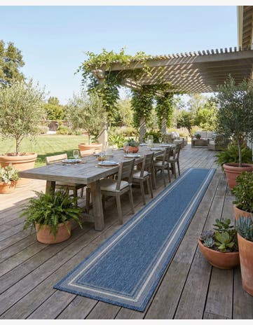 Blue Easy-Clean Border Indoor / Outdoor Runner Rug