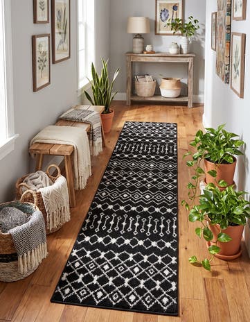 Black and White Moroccan Trellis Runner Rug