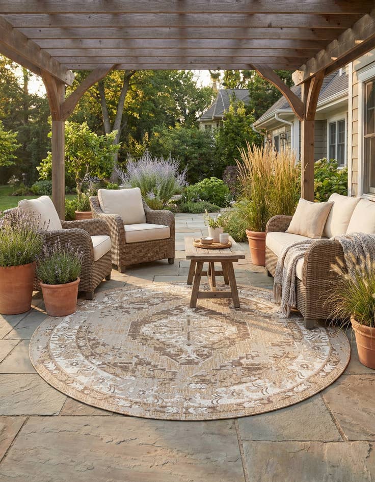 Detail image of 7' 10 x 7' 10 Easy-Clean Traditional Indoor / Outdoor Round Rug