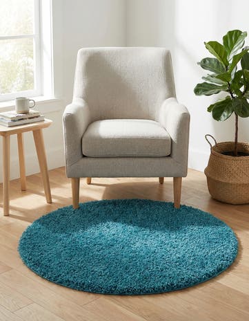 Turquoise Solid Shag Round Rug