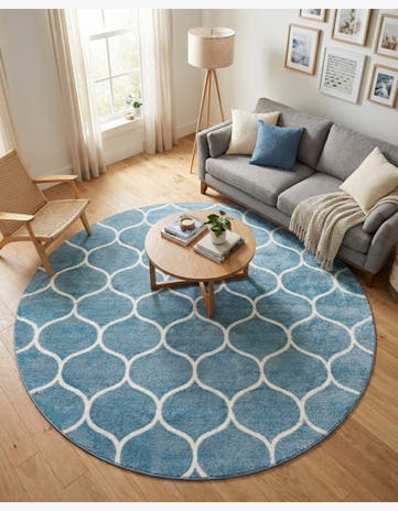 Light Blue Lattice Frieze Round Rug