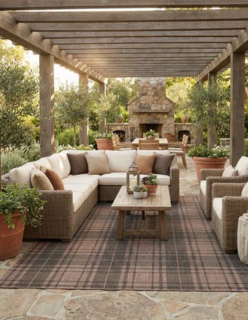 Black and Brown Easy-Clean Checkered Indoor / Outdoor Rug