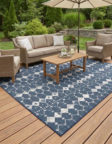 Navy Blue Easy-Clean Lattice Indoor / Outdoor Square Rug