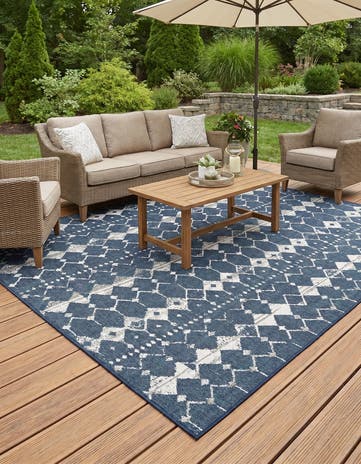 Navy Blue Easy-Clean Lattice Indoor / Outdoor Square Rug
