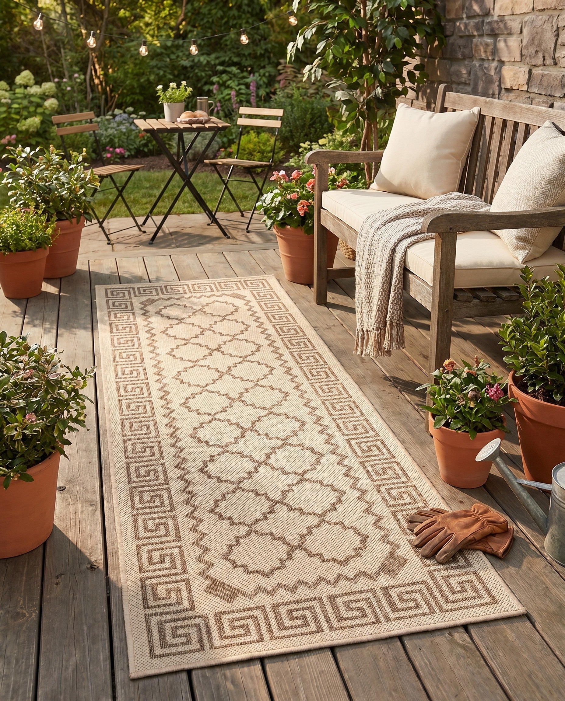 Beige Easy-Clean Lattice Indoor / Outdoor Runner Rug