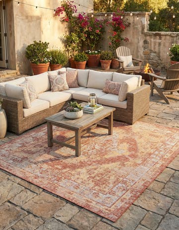 Rust Red Easy-Clean Traditional Indoor / Outdoor Square Rug
