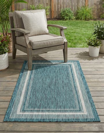Teal Easy-Clean Border Indoor / Outdoor Rug