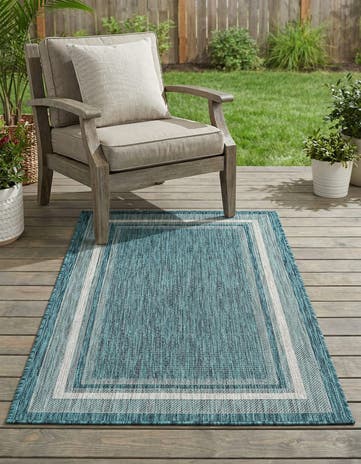 Teal Easy-Clean Border Indoor / Outdoor Rug