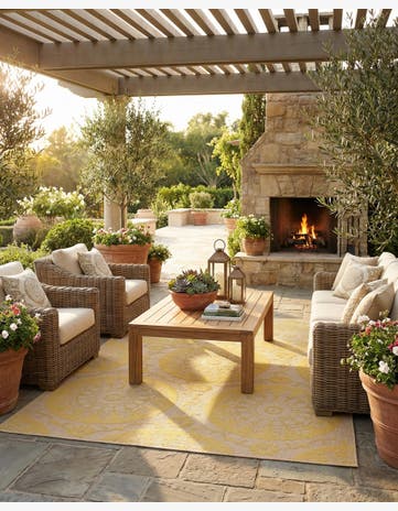 Yellow Easy-Clean Botanical Indoor / Outdoor Rug