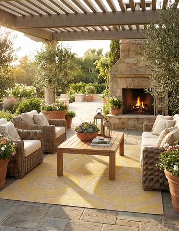 Yellow Easy-Clean Botanical Indoor / Outdoor Rug