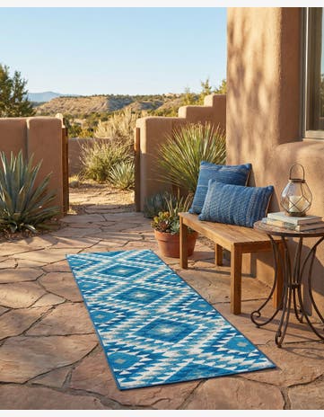 Blue Easy-Clean Southwestern Indoor / Outdoor Runner Rug