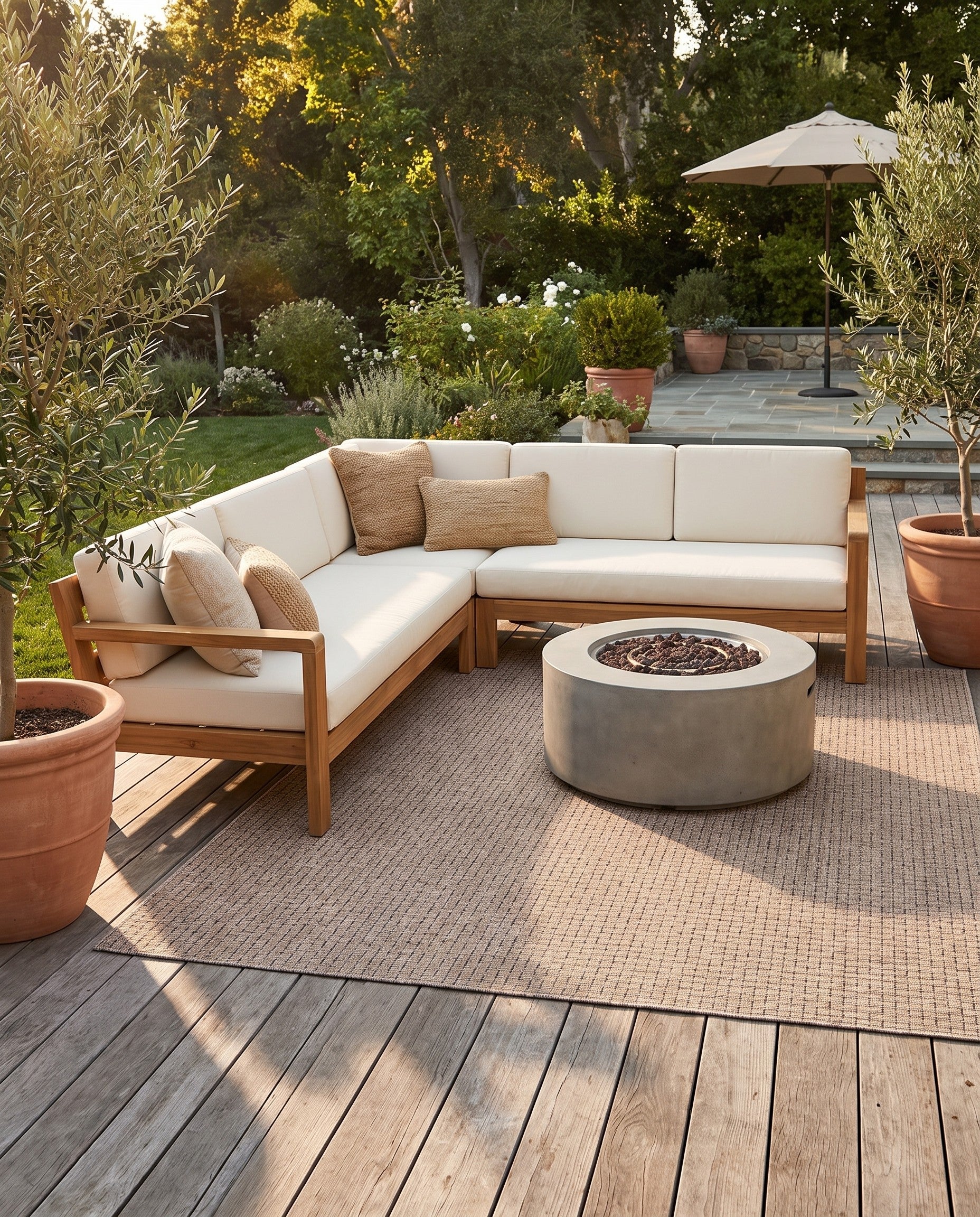 Light Brown Easy-Clean Checkered Indoor / Outdoor Square Rug