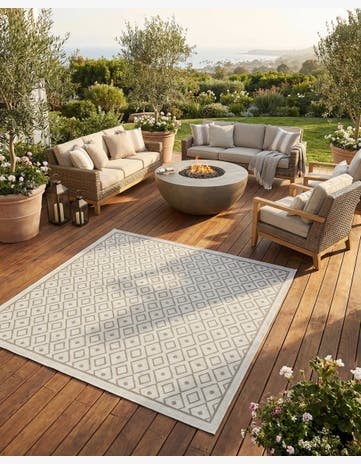 Ivory Easy-Clean Lattice Indoor / Outdoor Square Rug